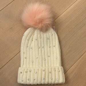 Justice Cream Beanie with Pink Pom-Pom